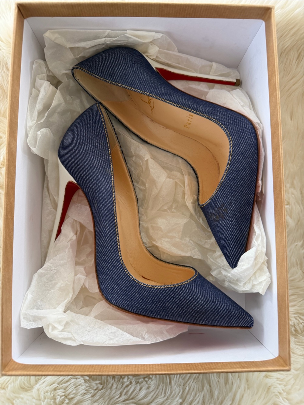 Christian Louboutin Denim Pointed Toe Pumps in Dark Blue with Red Soles